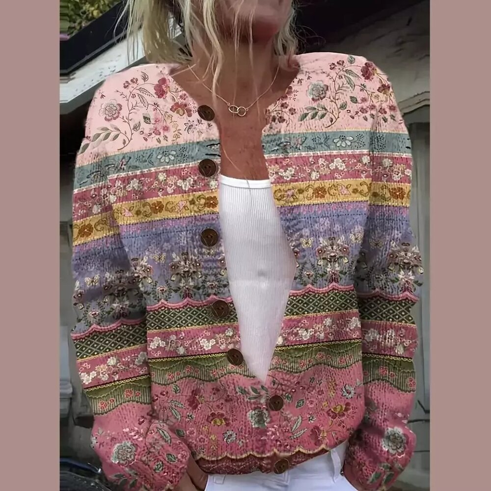 Pastel Geometric Striped Casual Button-Up Knitted Cardigan Sweater Size XL